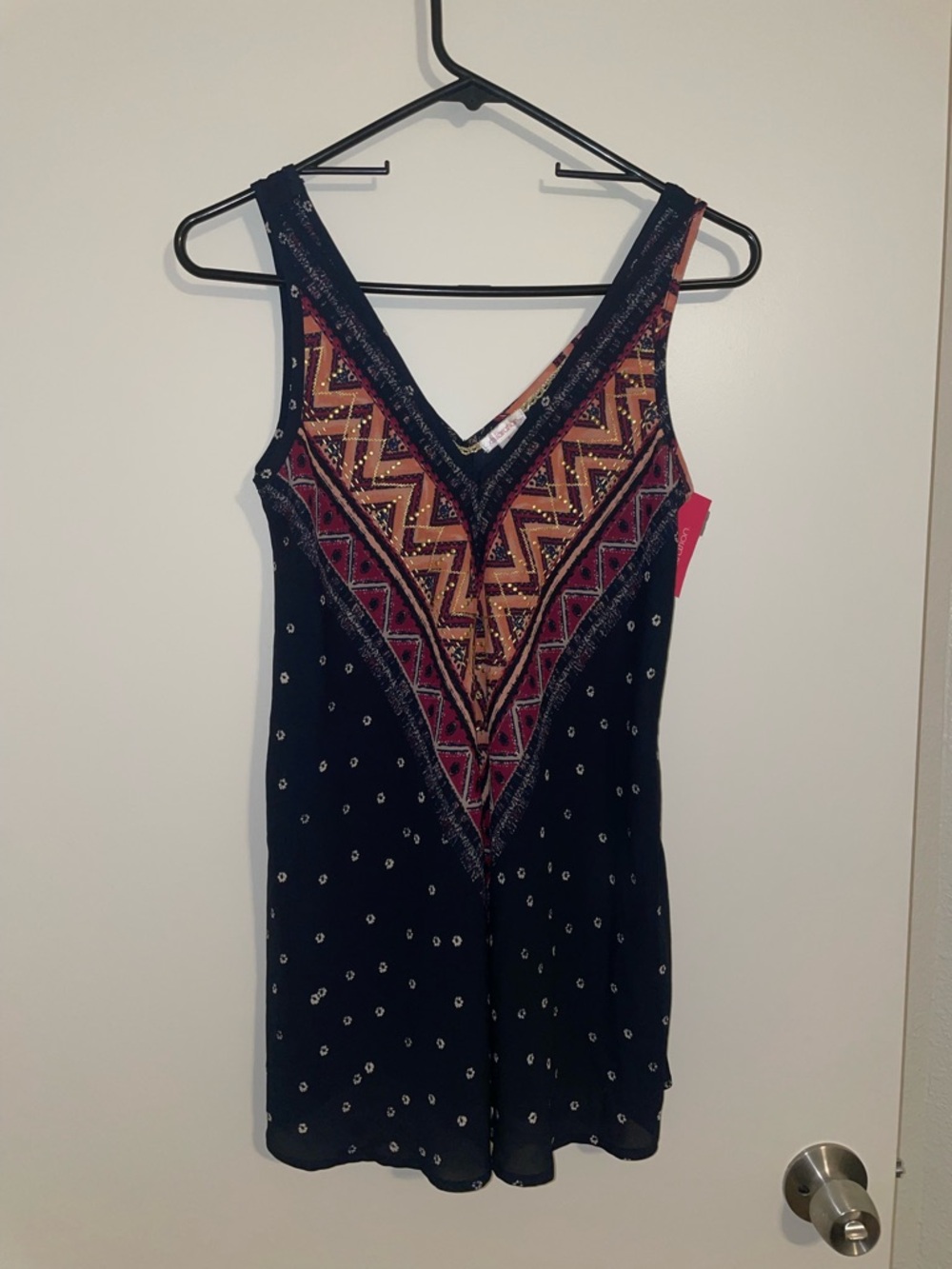 Xhilaration Navy Sleeveless V-Neck Tank with Rust and Gold Geometric Panel
